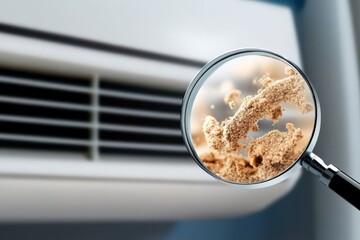 Capture of dust particles in the air shown through magnification near an air conditioner, stressing the significance of regular air filter maintenance for better air quality.