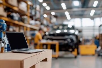Obraz premium A laptop sits on a box in a brightly lit automotive workshop, with shelves of tools and equipment in the background, emphasizing technology in mechanics.
