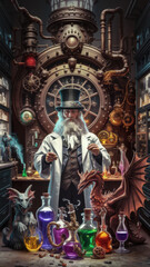 Obraz premium Steampunk Wizard with Dragons and Elixirs in a Magical Lab