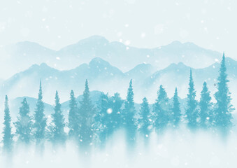 Watercolour Forest Winter Landscape Scenery