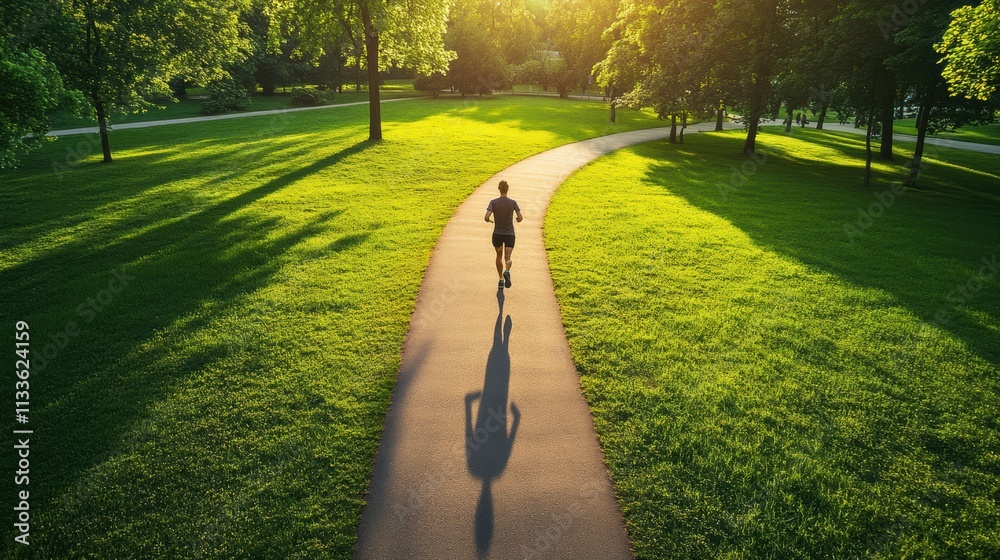 Aufkleber A solitary runner navigates a curving path in a vibrant green park as golden sunlight filters through the trees in the late afternoon. Generative AI