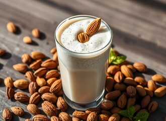 glass of almond milk with a few almonds scattered around it on wooden table the is filled to brim creamy light-colored liquid and are golden-brown color warm natural wood background slightly blur