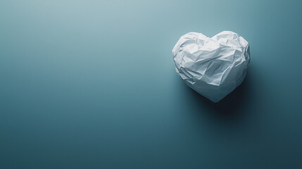 Crumpled paper heart on blue background symbolizes love and creativity. This artistic representation evokes emotions of affection and imagination.