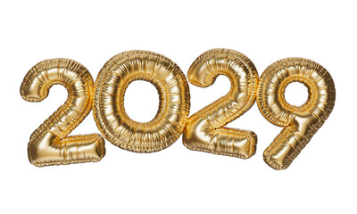 2029. The inscription in the form of gold balloons. 3D illustration of inflated letters on a transparent background.
