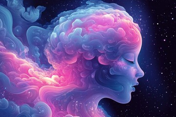 Obraz premium A Mystical Representation of a Dreamy, Ethereal Female Face in Celestial Cosmic Colors with Swirling Clouds and Stars Symbolizing Imagination and Serenity