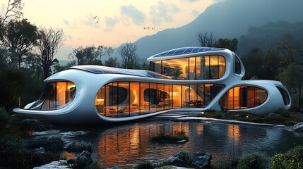 Futuristic house solar panels integrated into curved rooflines maximizing energy capture while enhancing aesthetic appeal