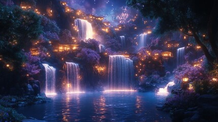 Fototapeta premium Enchanted village nestled in waterfalls, glowing lights.
