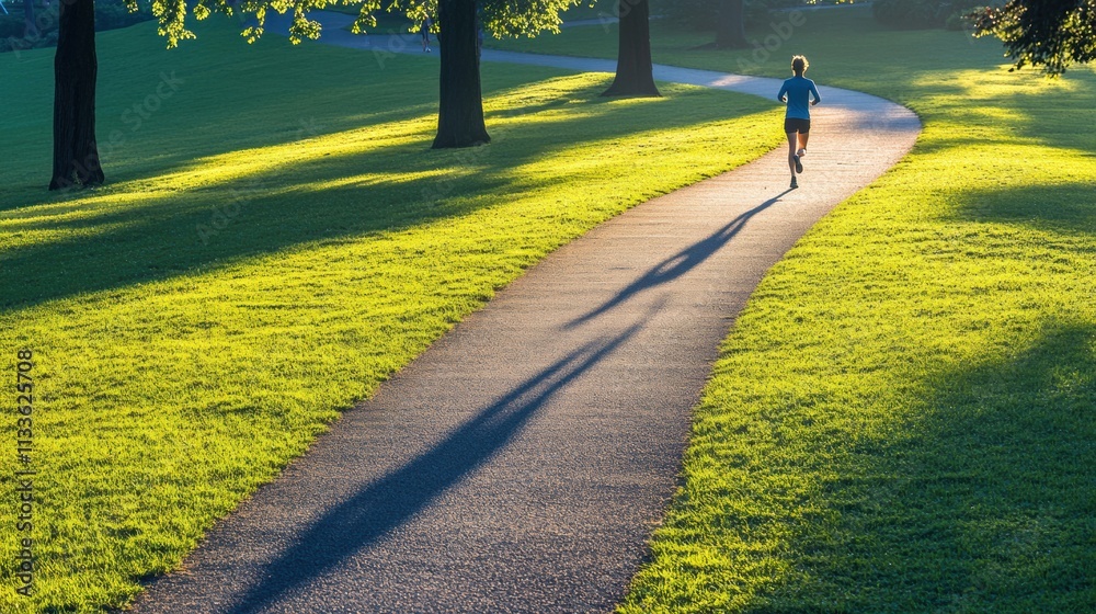 Poster a determined runner navigates a scenic path in a lush park, surrounded by green grass and tall trees
