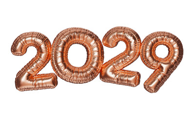 2029. The inscription in the form of rose gold balloons. 3D illustration of inflated letters on a transparent background.