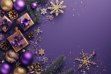 Christmas and New Year purple background banner. Golden fir, big snowflakes, gift box, confetti. For flyer, poster, leaflet. Top view. Space for text