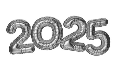 2025. The inscription in the form of silver balloons. 3D illustration of inflated letters on a transparent background.