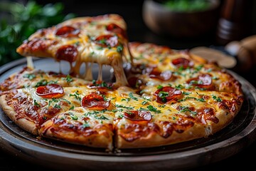 Delicious Fresh Pizza with Tomatoes and Mushrooms on Rustic Wooden Table