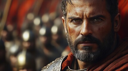 Grizzled warrior, intense gaze, battlefield blur.