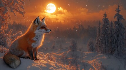 Red fox sits in snowy landscape, sunset.