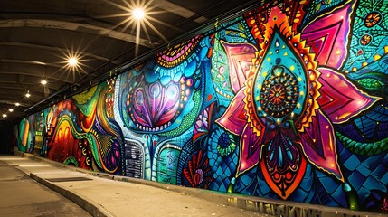 Fototapeta premium Urban Art on a Tunnel Entrance Featuring Intricate Graffiti: A Vibrant, Detailed Design Blending Bold Colors and Complex Patterns to Create an Eye-Catching Street Art Aesthetic