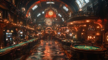 Obraz premium Opulent casino interior, ornate, gambling tables.