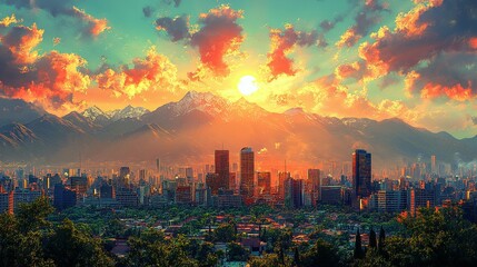 Obraz premium Cityscape at Sunset with Majestic Mountain Range
