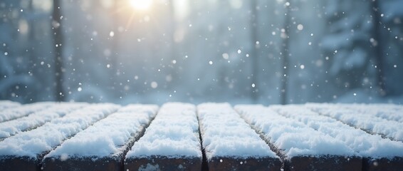 Winter Wonderland: Rustic Wooden Table with Snowfall and Scenic Forest