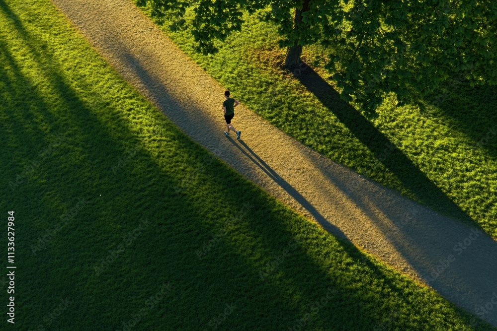 Poster a solitary runner moves steadily along a winding path in a lush green park during the early morning,