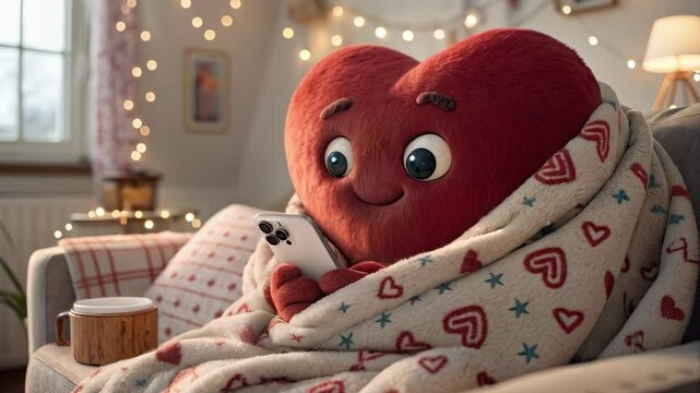 Plush heart shaped character wrapped in blanket with hearts sitting on cozy sofa and typing love message on smartphone in warm romantic room for Valentines day