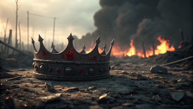 crown of thorns on the fire burning on the ground sand. War and defeat. Epic fantasy and dramatic loop video animation.