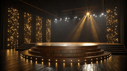spotlight on stage wooden Gold bokeh awards glamour background , made with Generative AI