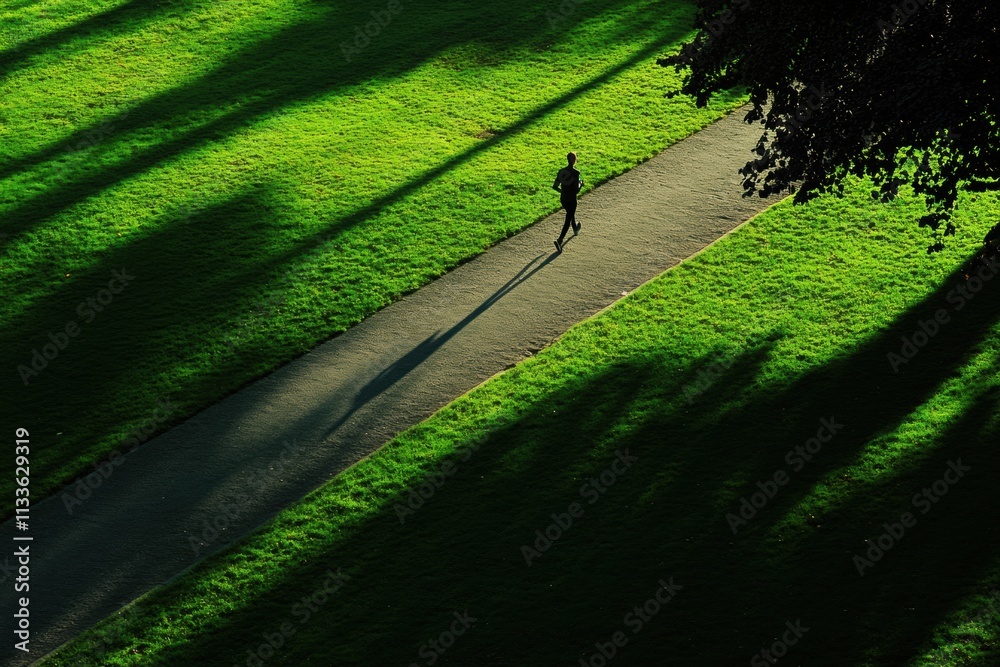 Aufkleber A solitary runner exercises on a winding path surrounded by vibrant green grass and long shadows in a peaceful park environment. Generative AI