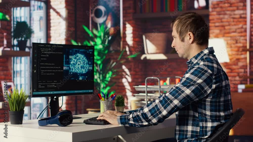 Poster admin using computer in home office for artificial intelligence computing simulating human brain thr