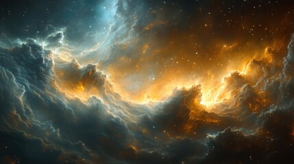 Fototapeta premium Cosmic clouds, gold and teal, starry expanse.