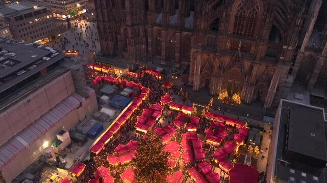 Christmas market near to Cologne Cathedral, evening Weihnachtsmarkt, Koelner Dom in Cologne, Germany, Aerial Winter Shot