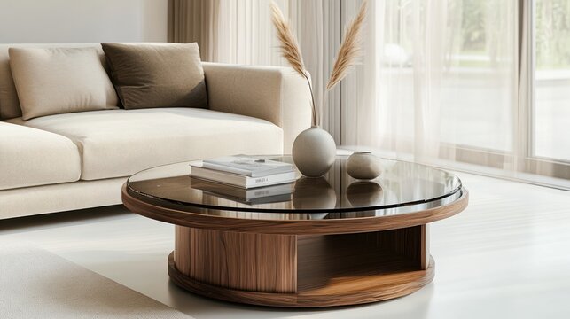 Modern round coffee table with glass top in living room.