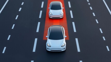 Two modern electric cars driving on a highway with advanced lane assist technology and safety features in action.