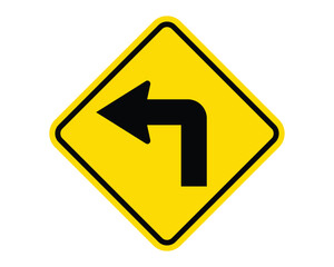 Left Turn Ahead Warning Sign Featuring a Yellow Diamond Shape with Black Arrow, Indicating an Upcoming Left Turn, Available as a Vector File