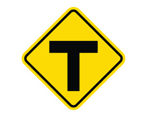 T Intersection Ahead Warning Sign Featuring a Yellow Diamond Shape with Black T Symbol, Indicating an Upcoming T Intersection, Available as a Vector File