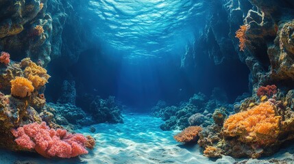 Sunlit underwater canyon, vibrant coral reefs.
