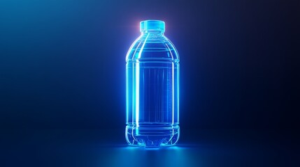 Naklejka premium 112.Neon-style water bottle icon illuminated in intense blue tones, isolated on a gradient blue background that fades to light blue at the top, adding depth and dimension.