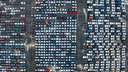 Aerial view of cars stored at Port Kembla after arriving by ship