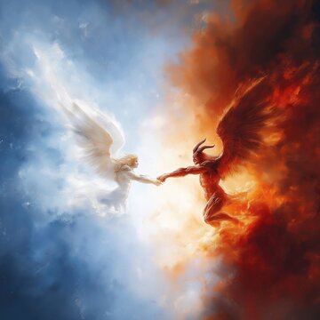 Angel, devil meet in sky. Heaven, hell meet in illustration. Spiritual conflict. Religious concept. Light, dark. Opposites. Powerful figures. Symbolic art. Religious art. Artistic illustration.