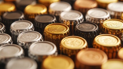 28.Close-up of metallic bottle caps with vintage style designs for beverages, including gold, silver, and copper-toned caps, displayed in a well-lit, minimal background.