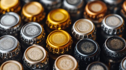 28.Close-up of metallic bottle caps with vintage style designs for beverages, including gold, silver, and copper-toned caps, displayed in a well-lit, minimal background.