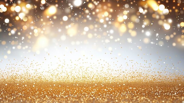 Elegant gold glitter confetti background ideal for festive occasions like birthday parties wedding anniversaries winter celebrations. Festive backdrop featuring gold glitter scattered over light gray