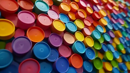 55.Concept 5: Plastic bottle caps in a variety of bright colors are stacked together for beauty