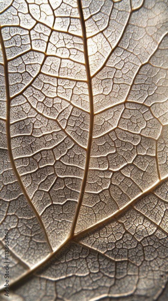 Poster veins intricately weave across the surface of an exotic leaf, showcasing a harmonious blend of textu