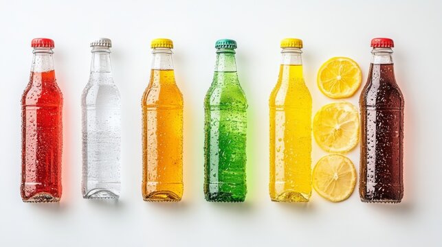 78.Row of seven plastic bottles filled with different drinks such as water, carbonated drinks, and iced tea, each bottle showing distinct color and clarity, representing diverse beverage options on a