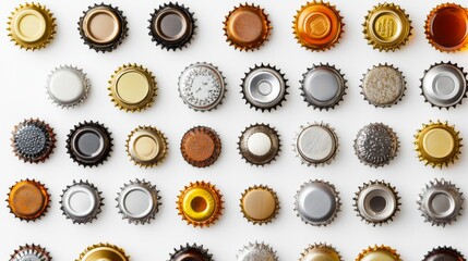 26.Flat-lay of various metallic bottle caps for glass bottles, including soda, lemonade, and beer caps, each with distinctive patterns and metallic reflections on a white background.