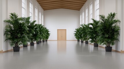 Serene Hallway with Lush Potted Plants and Wooden Door