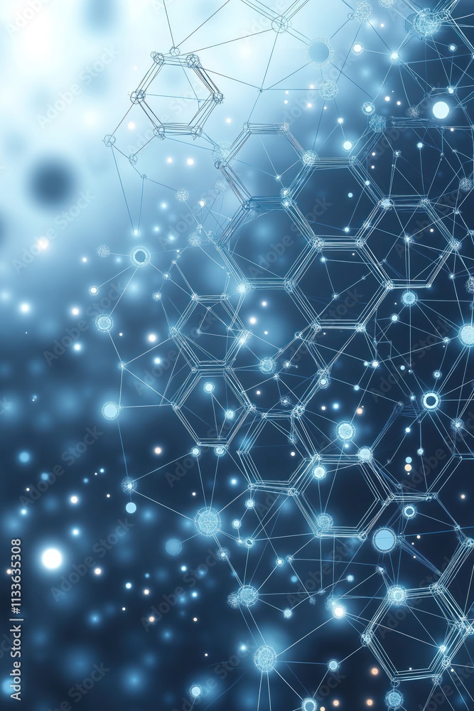 Poster abstract tech illustration hexagons network structure. complex system interconnected dots, lines. mo