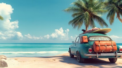 Fototapeta premium A car with a surfboard securely mounted on top of it is parked on the beach