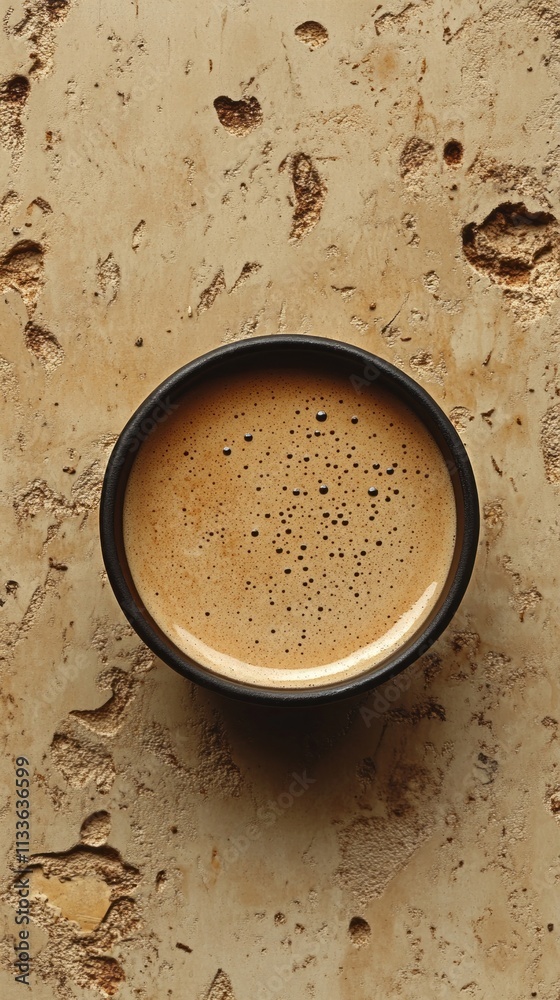 Poster a top view captures a simple black cup filled with rich, frothy coffee, resting on a textured beige 