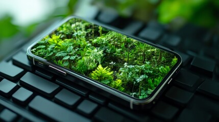 A smartphone screen showcases vibrant greenery, blending technology and nature. Set against a black keyboard, this image highlights the juxtaposition of digital and natural elements.. AI Generation